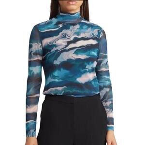 ANNE KLEIN ZIP BLOUSE BLUE MULTI MESH STRETCH SMALL LONG SLEEVE TURTLENECK